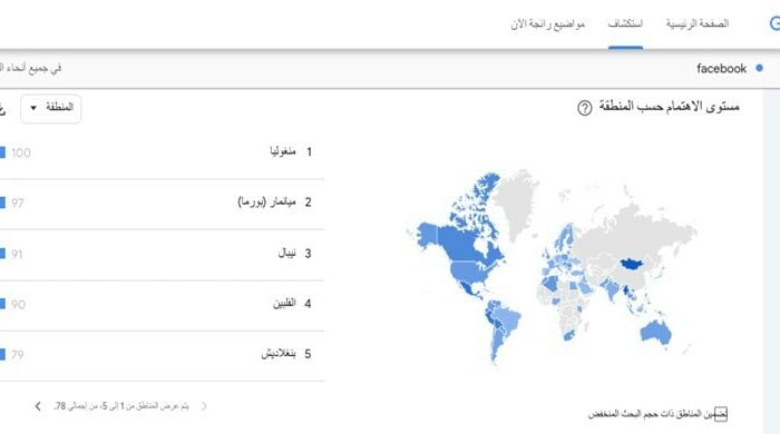 لقطة شاشة الـ7 و30 دقيقة تظهر أكثر الدول في البحث عن فيسبوك (جوجل تراند)